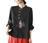 xinrishe Retro Ethnic Style Chinese Tops Women Plus Size Loose Casual Shirt Exquisite Embroidery Traditional Hanfu Blouse (Color : Black, Size : 3XL)