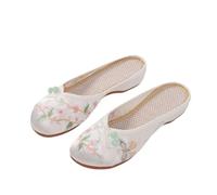 xinrishe Women's Chinese Style Shoes Satin Exquisite Flowers Embroidery Flat Slippers Summer Soft Comfort Round Toe Mules Shoes(Color:White,Size:4.5 UK)