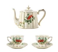 XINRUI British Style Porcelain Tea Set, Ceramic Strawberry Pattern Tea Pot, Cups, and Saucers Present Set, 900ml Teapot, 220ml Cups, Ideal for Afternoon Tea, Weddings