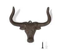 XINRUI Iron Bull Horns Wall Hook Longhorn Steer Hanger Cow Head Rack for Coats Towels Keys Entryway Mudroom Bathroom Closet Rustic Cast, 1 Piece, Brown, 5.3 x .9 2. in