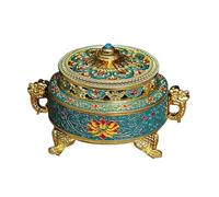 XINRUI Vintage Tibetan Alloy Incense Burner, Hand-Painted Lotus Flower Design, Blue Enamel, Multi-Use Incense Holder for Sticks, Cones & Backflow, Home & Meditation Decor, 10.6x7.5cm