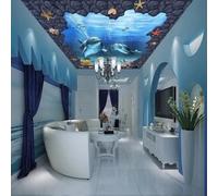 XINRUYI 3D Ceiling Mural Wallpaper Featuring an Underwater World, Dolphins, and Coral; Decorative wall Covering for Living Room and Bedroom Ceilings