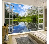 XINRUYI Self Adhesive PVC Mural 3D Wallpaper Outside the Window Lake and Mountain Natural Scenery wall Covering Living Room Bedroom Background wall Decoration