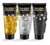 Xinstroe Pack of 3 Body Glitter Gel, Sequins Chunky Glitter Liquid Gel for Face Hair Lips Nails Make Up Cosmetics Festival Party Gold, Silver, Black
