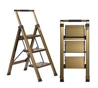 XinSunho 3 Step Ladder, Aluminum Folding Step Stool with Retractable Handrail and Anti-Slip Wide Pedal, 330lbs Safety Household Slim Ladder - Gold