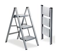 XinSunho 3 Step Ladder, Folding Ladder, Household Ladder with Non-Slip Steps, Lightweight and Compact, Load 150 kg, Portable Steel Ladder, Grey