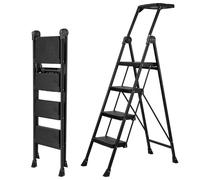 XinSunho 4-step ladder, safety stepladder, 4 steps step ladder, foldable with shelf, wide base and handrail, household ladder up to 300 kg, steel