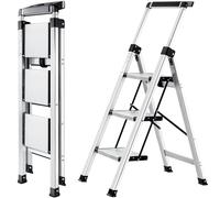 XinSunho Step Ladder 3 Step, Aluminum Folding Step Stool with Retractable Handgrip & Removable Tool Tray, Lightweight Stepladders for High Closet, 330LBS Household 3 Step Ladder - Silver