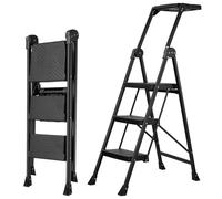 XinSunho Step Ladder, 3 Steps Ladder, Folding Step, Step Ladder with Rotating Handrail & Tool Storage, Household Ladder up to 300 kg, Steel