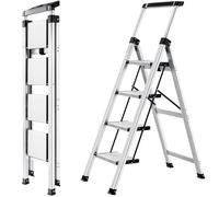 XinSunho Step Ladder 4 Step, Aluminum Folding Step Stool with Retractable Handgrip & Removable Tool Tray, Lightweight Stepladders for High Closet, 330LBS Household 4 Step Ladder - Silver