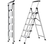 XinSunho Step Ladder 5 Step, Aluminum Folding Step Stool with Retractable Handgrip & Removable Tool Tray, Lightweight Stepladders for High Closet, 330LBS Household 5 Step Ladder - Silver