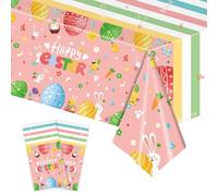 Xinvery 2 Happy Easter Tablecloths, Pink Bunny Egg Plastic Wipeable Table Cover, 137 x 274cm, Festive Cartoon Pattern, Waterproof, 2 Pack