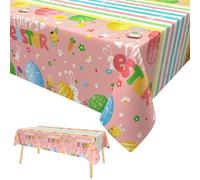 Xinvery Pink Easter Tablecloth, Plastic Rectangular 274cm x 137cm, Waterproof, Wipe Clean, Easter Party Decor