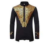 Xinvivion African Chief Fashion Totem Printed Dashiki Shirts - Men Muslim Shirt Kenya Nigeria Stand-Collar Thobe Black - XXL