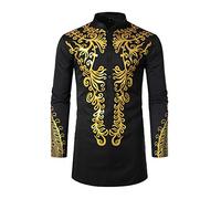 Xinvivion Muslim Fashion Bronzing Shirts, Men Gilding Shirt Islamic Leisure Pullover Long Sleeve Kaftan African Style Clothing Black - S