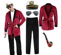 Xinxiaomeng 5Pcs Red Robe Jackets Adult Mens Captain Hugh Hefner Bunny Jacket Couples Costume Halloween Outfit Accessories, Red, Medium/Large