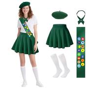 Xinxiaomeng 7Pcs Scout Costume Women Scout Uniform Halloween Cosplay Outfit | Scout Costume Set: Green Beret Hat, Skirt, Sash, Scarf, Socks, Badges, for Adult Halloween Party Fancy Dress Cosplay Outfit