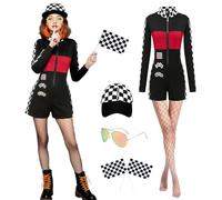 Xinxiaomeng Race Car Driver Costume Women 5Pcs Racing Costume Talladega Nights Outfits Halloween Cosplay Racer Suit, Black, Medium