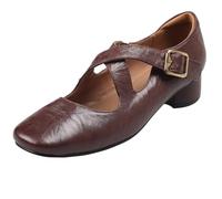 XINXINIO Womens Cute Textured Genuine Sheepskin Leather Shoes Cross Strap Mary Jane Shoes Brown