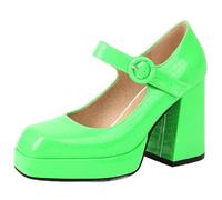 XINXINIO Women's Mary Jane Court Shoes Block Heel | Square Toe Slip-Resistant Platform High Heels for Daily Office | 9.5cm Heel & 2cm Platform for Added Height & Stability Neon Green