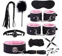 Xinyanmy 10 Sets Pu Leather Plush Bed Handcuffs Leather Harness Whip Eye Mask Necklace Ankle Cuffs Women Straps Special Bundled Binding Adult Toys SM Kit for Couples (Pink)