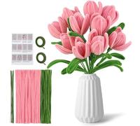 Xinyanmy Pipe Cleaner Flower Tulip Set,Pipe Cleaners Craft Set Pink Pipecleaners Chenille Stems Supplies for Bouquet DIY Crafts Party Wedding Decoration with Step-by-Step Video (Tulip)