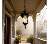 XINYASEE Outdoor Pendant Light, Black Decorative Chandelier with Textured Glass Shade, Antique Classic Ceiling Light, Suitable for entryway, Living Room, Bedroom, Dining Room, and Cafe(B-Black)