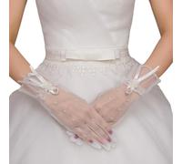 XINYIN Traditional White Bridal Gloves With Secure Pearls Detailing Soft Mesh Fabric Adjustable For Ceremony Pearls Adorned Bridal Gloves Short