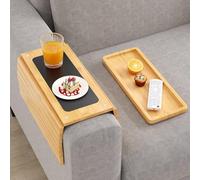 xinyoec Bamboo Sofa Arm Tray Table - Couch Arm Tray with Extra Removable Tray, Anti-Slip Sofa Armrest Tray, Large Couch Cup Holder Tray for Phone, Cups, Remote, Flexible and Foldable