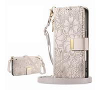 xinyunew Phone Case for Honor X8A 4G Case with Zip Wallet Purse Card Holder Slot Embossed Flower Design Folding Flip Cover Leather Stand Lanyard Wrist Strap Women, Grey
