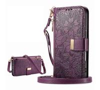 xinyunew Phone Case for Honor X8A 4G Case with Zip Wallet Purse Card Holder Slot Embossed Flower Design Folding Flip Cover Leather Stand Lanyard Wrist Strap Women, Purple