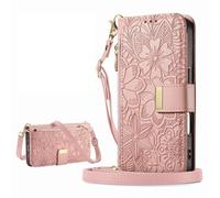 xinyunew Phone Case for Oppo Realme C67 4G/Realme 12 LITE 4G Case with Zip Wallet Purse Card Holder Slot Embossed Flower Design Folding Flip Cover Leather Stand Lanyard Wrist Strap Women, Pink