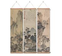 xinyuru Traditional Japanese & Chinese Art Wall Decor Set,The Great Wave Off Kanagawa Print, Ancient Landscape Scrolls, Black White Decor for Living Room Bedroom (Landscape, 12”x41”x3 Piece)