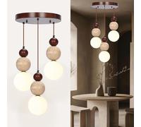 XinZe Modern Wabi Sabi Pendant Light Spherical Travertine Natural Stone 3-Light Hanging Lamp Japanese Style Nordic Wood Chandelier for Kitchen Islands Dining Table Dining Room Living Room(A)