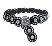 Xiokyo Western Belt for Women - Boho Cowgirl Concho, Circle Brown Wide, Vintage Disc Accessories, Black-silver Rhinestone Buckle, Fit waist size below 39''