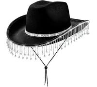 Xiokyo Women's Rhinestone Cowboy Hat-Sparkling Western Cowgirl Hat with Shiny Bling Band for Rodeo, Country, Black-rhinestone Tassel, 7 1/8-7 1/4