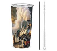 Xiputvl 3D Printing Steam Train Thermal Travel Mug - Stainless Steel - Keeps Drinks Hot Or Cold - Leakproof Design with Straw 20oz