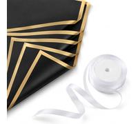 XiRiDa 40 Sheet Black Waterproof Floral Wrapping Paper with Ribbon Set, for DIY Floral Bouquet Gift