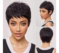XIROM UN Short Synthetic Fiber Wig with Bangs for Women Pixie Cut Daily Use Natural Wavy Wig with Bangs Black