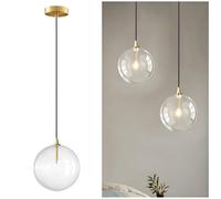 XIRYTU-H Minimalist Transparent Glass Ball Pendant Light in Gold Finish, Height Adjustable G4 LED Ceiling Haning Light for Dining Room & Living Room (25CM)