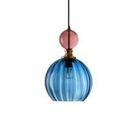 XIRYTU-H Modern Colorful Striped Glass Pendant Light with Gold Metal Accent, E27 Hand-Blown Globe Ceiling Hanging Lamp for Kitchen Island, Dining Room, Bedroom,Height Adjustable (Blue)