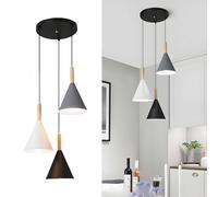XIRYTU-H Nordic Simple 3 Way Pendant Light Cluster, Metal & Wood 3-Lights E27 Hanging Lamp for Bedroom Living Room and Dining Room (3-Lights,Round)