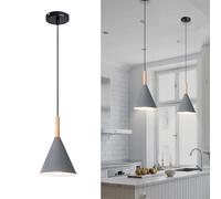 XIRYTU-H Nordic Simple Metal Pendant Light in Wood Finish, Height Adjustable E27 Hanging Lamp for Bedroom Living Room and Dining Room (1-Light, Grey)