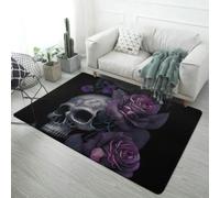 Xisnuient Black Grey Skull Floral Pattern Area Rug, 50x80 cm, Gothic, Skull Roses, Cool, Bedroom, Living Room, Decoration, Bedside, Small, Bath Mat, Long Strip, Color 4