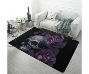 Xisnuient Black Grey Skull Floral Pattern Area Rug, 50x80 cm, Gothic, Skull Roses, Cool, Bedroom, Living Room, Decoration, Bedside, Small, Bath Mat, Long Strip, Color 4