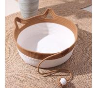 Xisnuient Cotton Rope Woven Cat Bed, Round Basket with Cat Ears & Toy Ball for Pets (Caramel color-2,L)