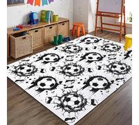 Football Rugs Boys Bedroom Living Room Rug Large 3D Graffiti Football Pattern Rug Blue Green Football Carpet Kids Teens Gaming Mat Washable Nursery Rug Runner Doormat (White,140x200cm)