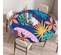 Xisnuient Outdoor Round Waterproof Polyester Table Cloth with Elasticated Edges, Wipe Clean, Multicolour Abstract Geometric Tropical Leaves Pattern, for Dining, Bistro, Garden (Navy,80cm)
