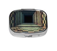 Xiso Ver 3D Abstract Chess Board Pill Box Portable Metal Pill Organizer 2 Compartment Medicine Small Pill Case for Purses Compact Travel Medicine Holder for Vitamins Medication