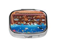 Xiso Ver Animals On Noah's Ark Pill Box Portable Metal Pill Organizer 2 Compartment Medicine Small Pill Case for Purses Compact Travel Medicine Holder for Vitamins Medication